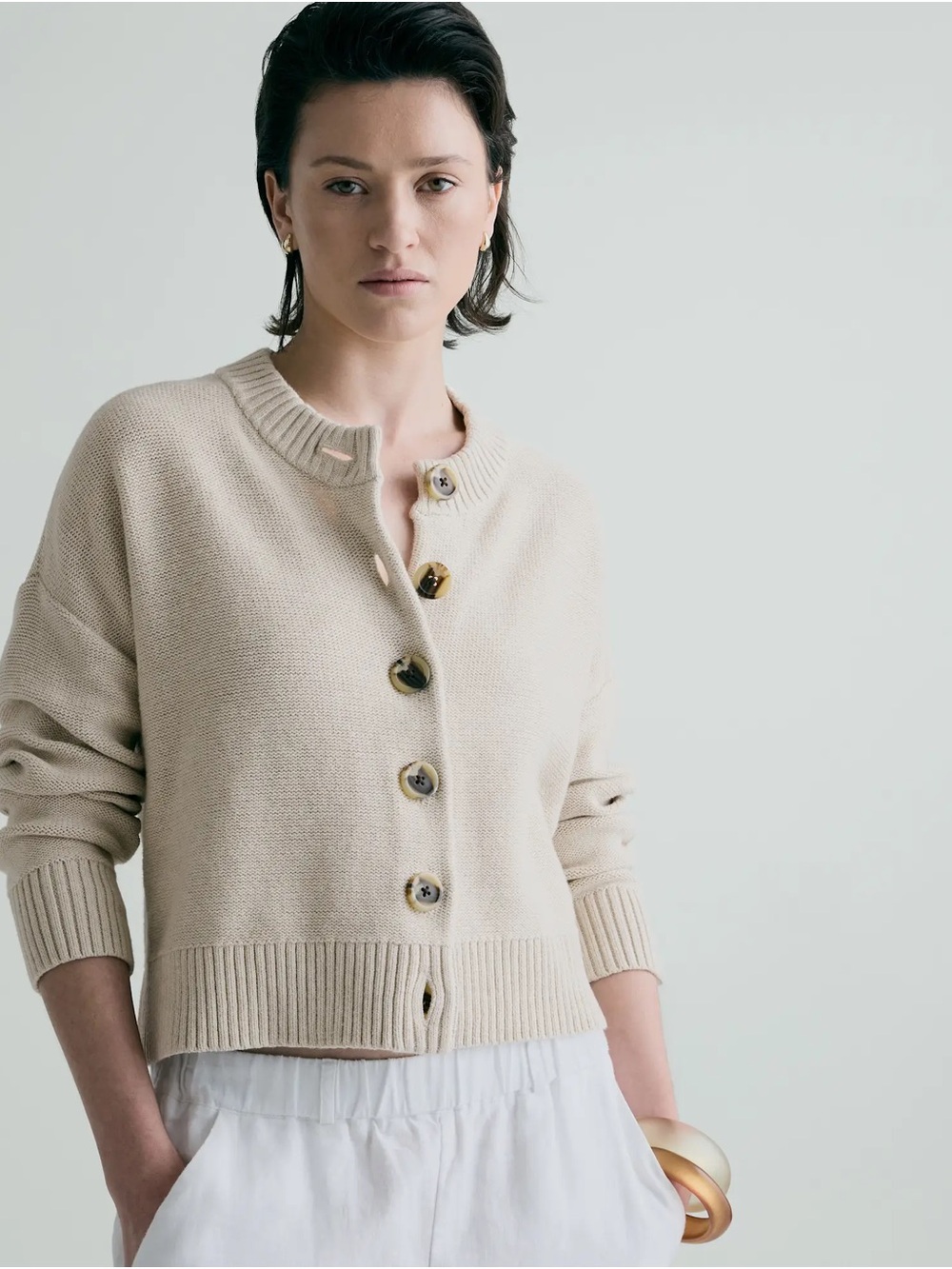 Quince Cream Button-Front Knit Cardigan